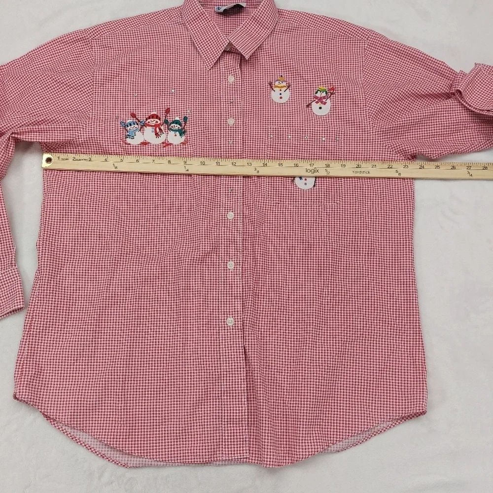 LAS OLAS WOMENS VINTAGE RED WHITE GINGHAM SNOWMAN HOLIDAY CHRISTMAS BUTTON UP L - Picture 3 of 9